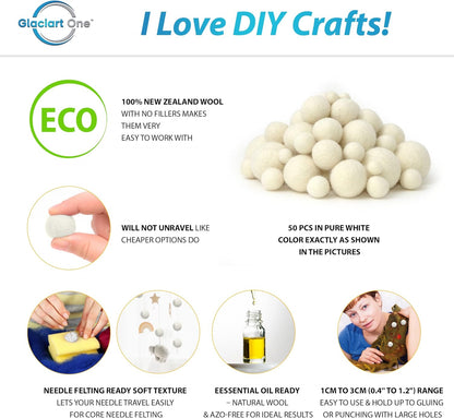 Glaciart One Wool Felt Balls, Felt Ball (240 Pieces) 2.5 Centimeters - 1 Inch, Handmade Felted Pure White Color - Bulk Small Puff for Felting and Garland