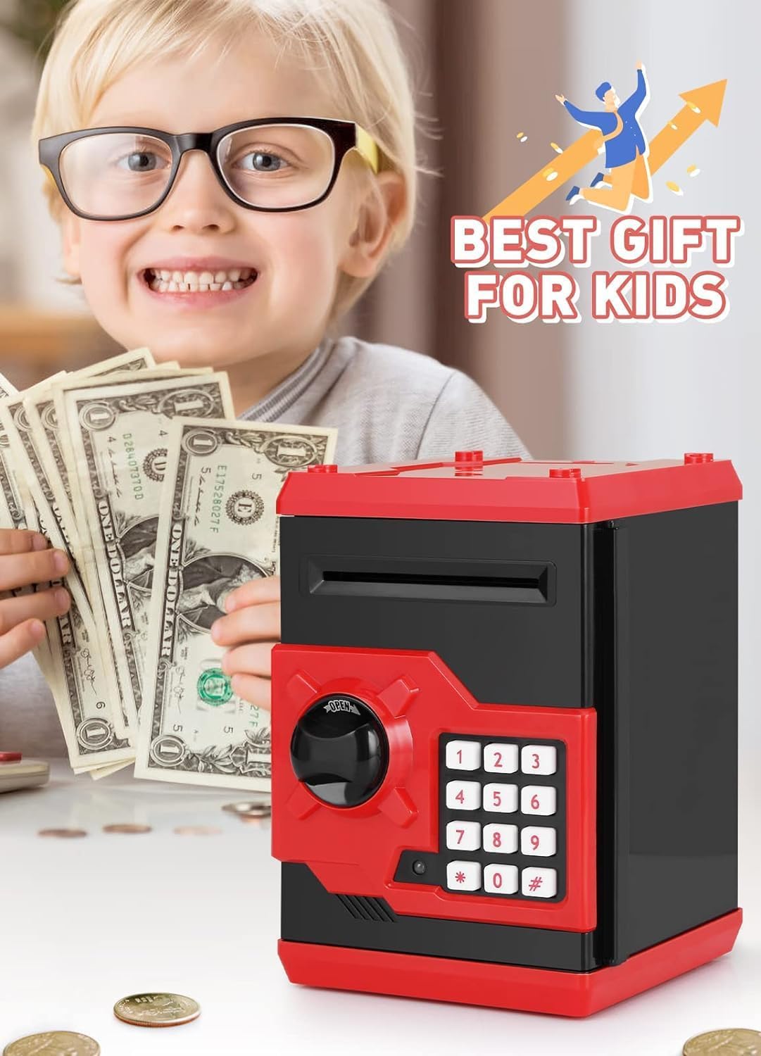 Playsheek Piggy Bank for Girls Boys Large Electronic Money Coin Banks with Password Protection, Automatic Paper Money Scroll Saving Box, Great Gift for Kids(Black-White)
