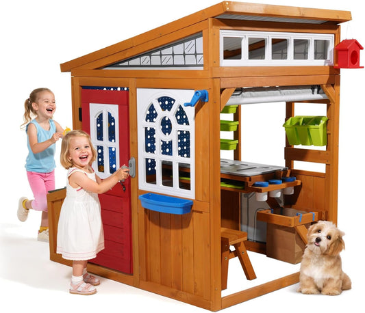 VEVOR Outdoor Playhouse, Cedar Wooden Kids Playhouse with Bird Nest, Doorbell, Trash Bin, Gravity Wall Set, Storage Pocket, Windowsill, Wooden Kids Cottage for Aged 3 to 10, Rounded Corners