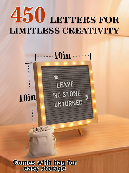 Changeable Felt Letter Board with LED Lights - 10×10" Message Custom Signs & Wood Stand & 450 Letters, Poster Board for Baby/Pregnancy Announcement/Classroom Wall Graduation Decor Gifts, Camel