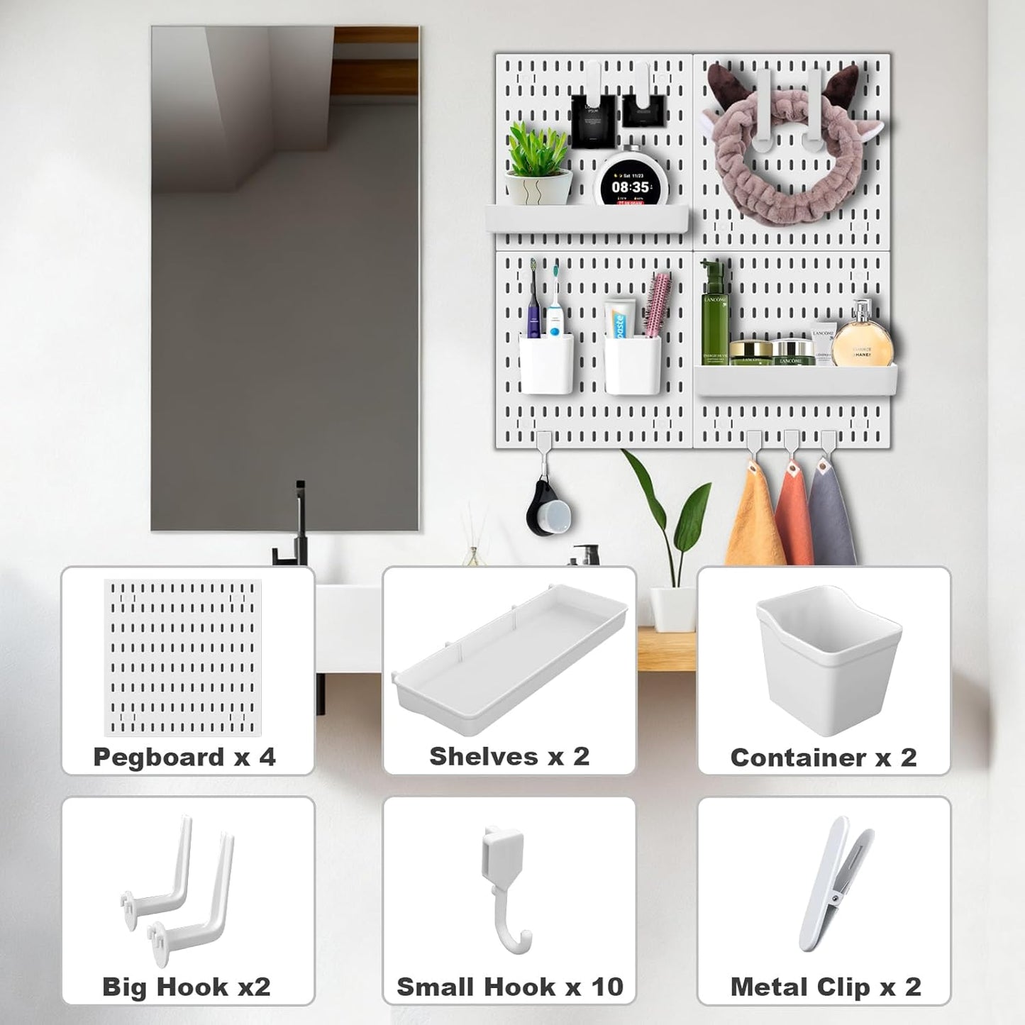 Wall Organizer Pegboard Kit, Wall Control Peg Board with 18 Pcs Accessories, 4 Pack Plastic Wall Mount Display Storage Panels for Kitchen Bathroom Craft Room Office Organization, 23.6 Inches (White)
