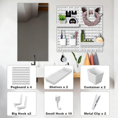 Wall Organizer Pegboard Kit, Wall Control Peg Board with 18 Pcs Accessories, 4 Pack Plastic Wall Mount Display Storage Panels for Kitchen Bathroom Craft Room Office Organization, 23.6 Inches (White)