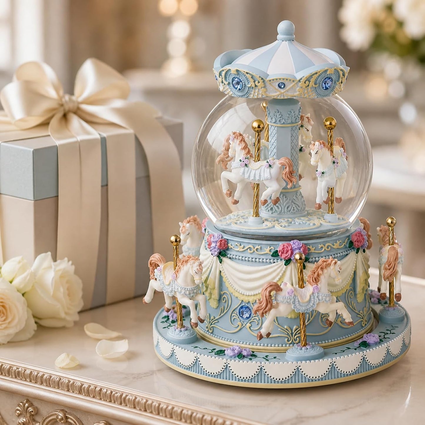 Blue Carousel Snow Globe Music Box with LED Lights, Rotating Horse Merry Go Round with Glitter Snowfall, Wind Up Musical Snow Globe Plays Over the Rainbow, Gift for Daughter Granddaughter Women