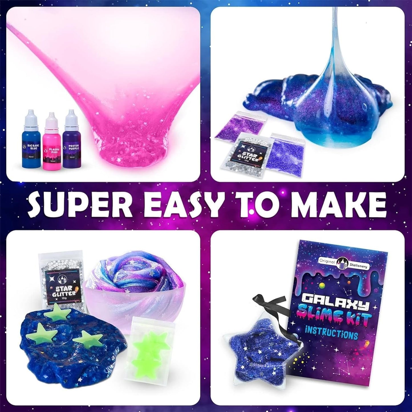Original Stationery Galaxy Slime Kit for Kids Ages 8–12, DIY Space Slime Set with Glow-in-The-Dark Stickers & Galactic Glitter, Fun Cosmic Craft for Creative Play, Birthday Gift for Boys & Girls