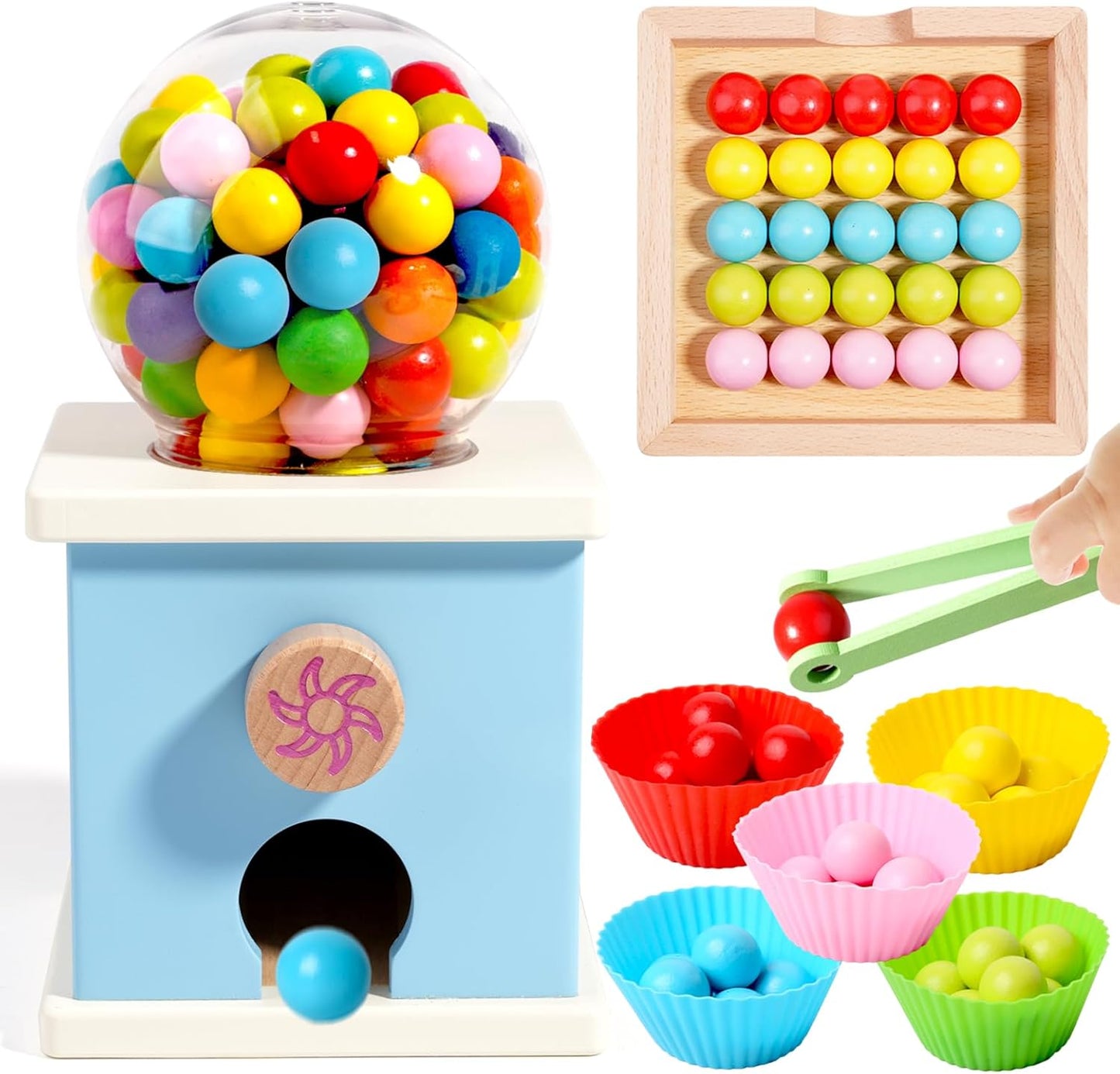 QimuMku 9.6" Wooden Gumball Machine Counting Montessori Toys for 3 4 5 Years Old Boys Girls, Toddler Preschool Learning Activities Toy for Kids Ages 4-8, Birthday Gifts Sensory Toys
