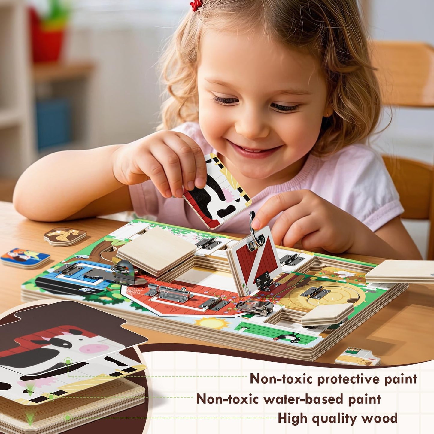 Wooden Latches Busy Board for 1-4 Year Old, Montessori Sensory Toys for Toddler, Farm Theme Educational Busy Book for Kids, Activity Board Gift for Kids
