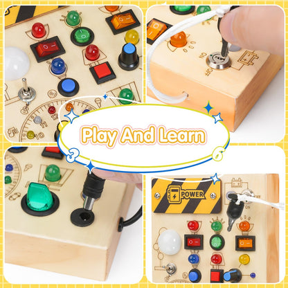 Montessori Busy Board Toys: Wooden Sensory Toy for Toddler with LED Light Up Switch, Educational/Christmas/Birthday Gifts for 1-3 Year Old Boys & Girls