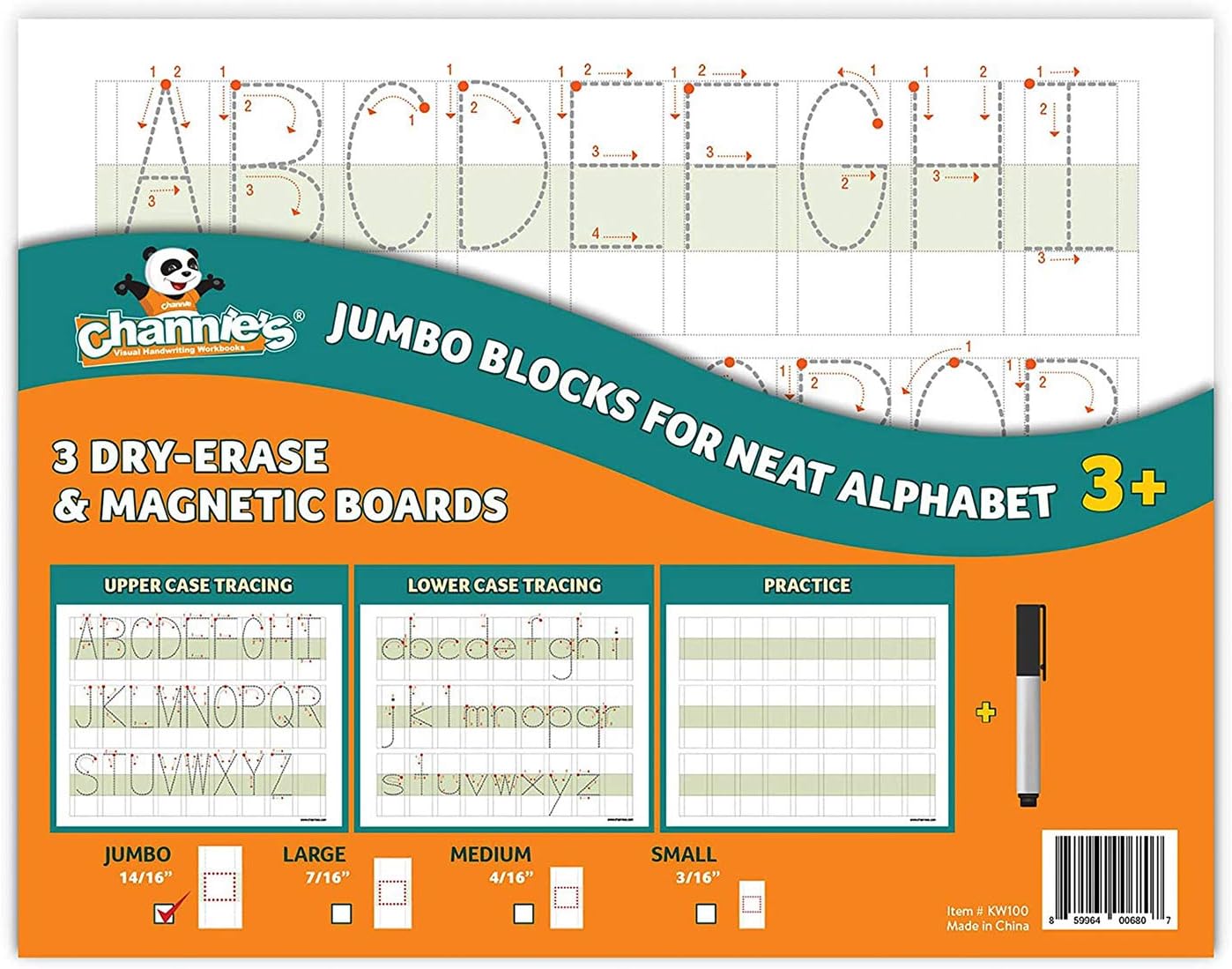 Channie’s Visual Handwriting Magnetic Dry-Erase Board, Jumbo Letter Board with Big Blocks for Neat Upper and Lower Case Alphabet, ABCs Writing Practice with Tracing Letters and Blanks, 3-Pack