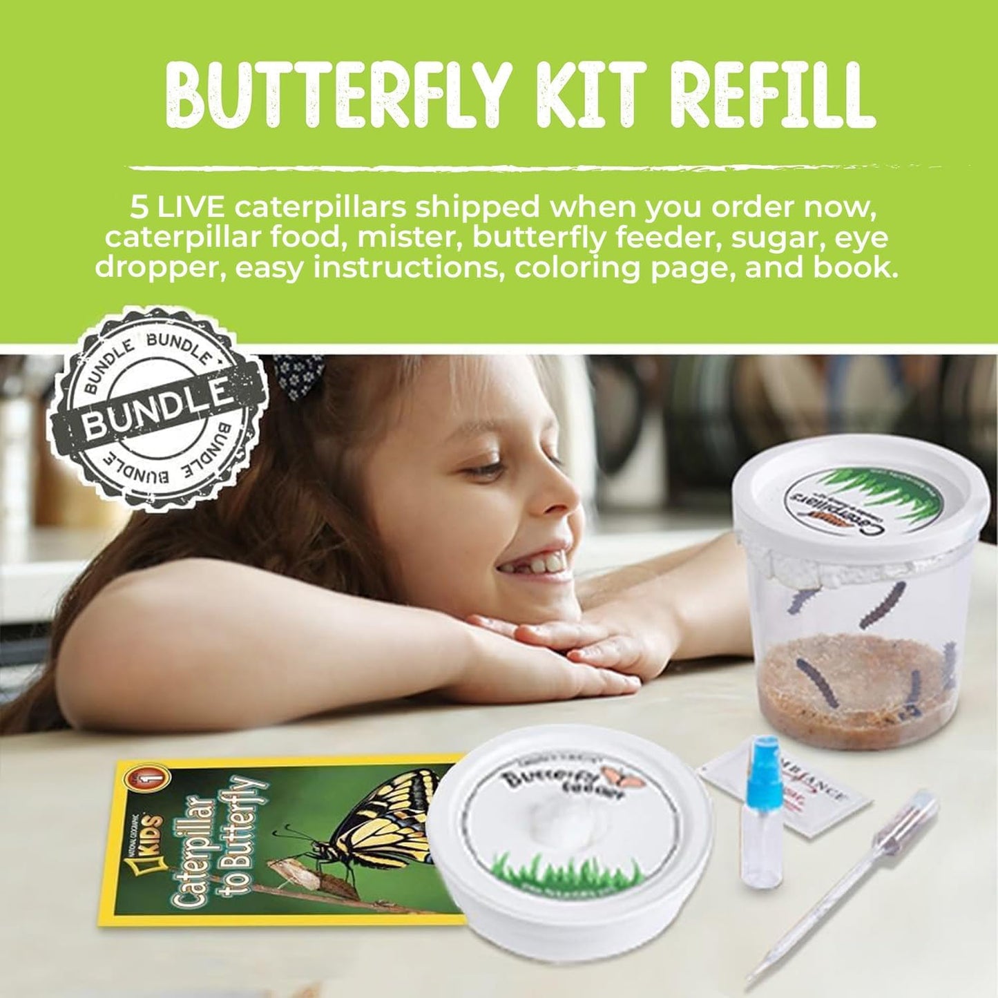 5 Live Caterpillars for Butterfly Habitat Kit - Refill for Painted Lady Butterfly Kit with Rearing Supplies and Book Bundle