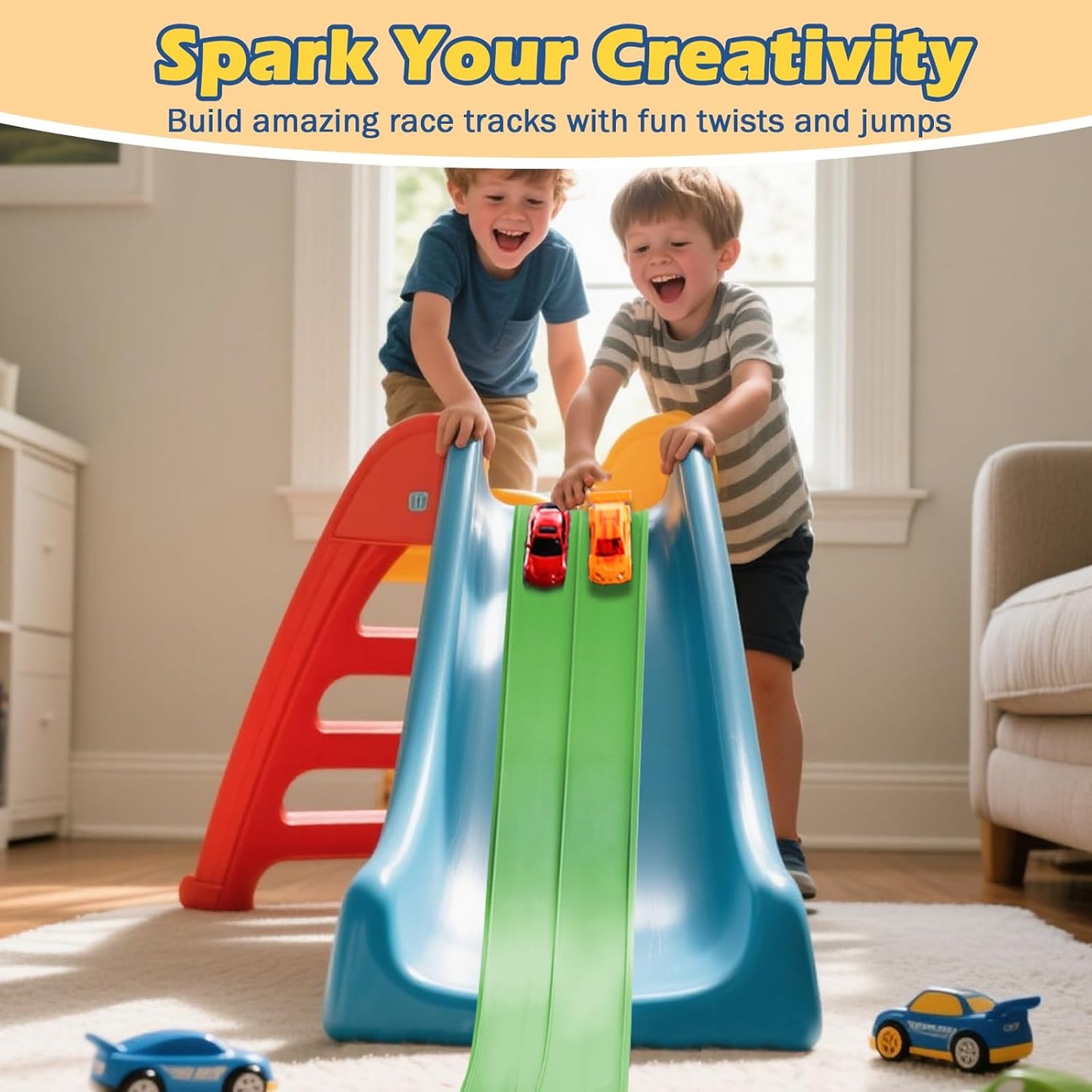 Flex Tracks 15 Ft Starter Set Flexible Race Track for Kids 3+, Flexible Car Track Race Car Ramp Track Compatible with Diecast 1/64th Cars, Portable Rolls Up Race Tracks with Strong Suction Cups