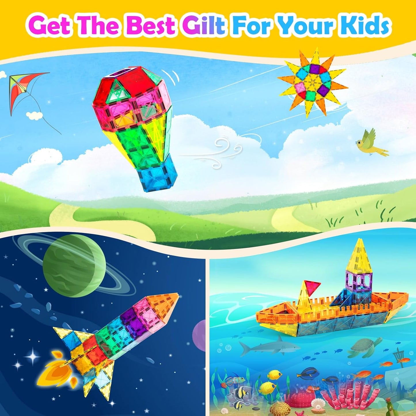 Anbalulu Magnetic Building Tiles,Magnet Building Set,Magnetic Blocks, 3D STEM Stacking Toys, Magnets Toy for Kids Boys Girls