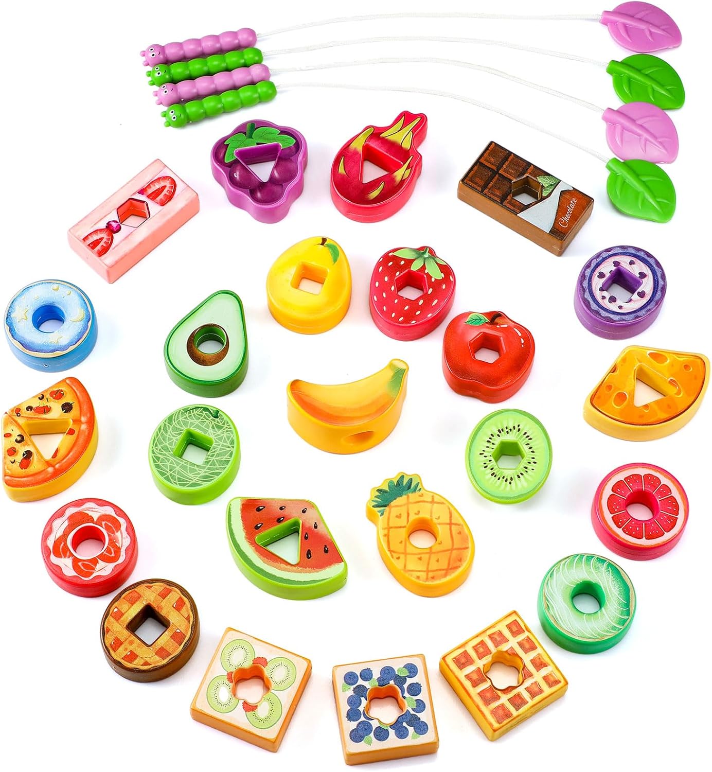 28 Pcs Caterpillar Lacing Toy for Toddlers Fruit Food Threading Toys Learning Lacing Beads Montessori Educational Stringing Threading Beads Fine Motor Skills Gift for Boys Girls 3+