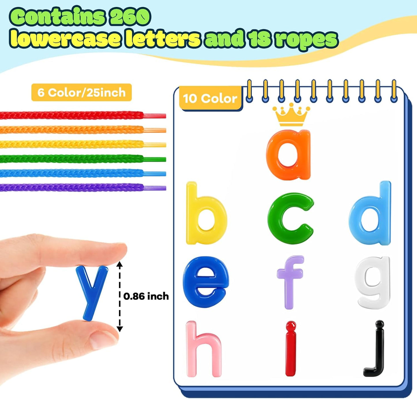 278 Pcs Lacing Letters Beads, Lowercase Alphabet Learning Toys, 10 Color Rainbow Alphabet Beads with 18 Laces, Preschool & Home Educational Toy for Kids Ages 3+, Back to School Supplies