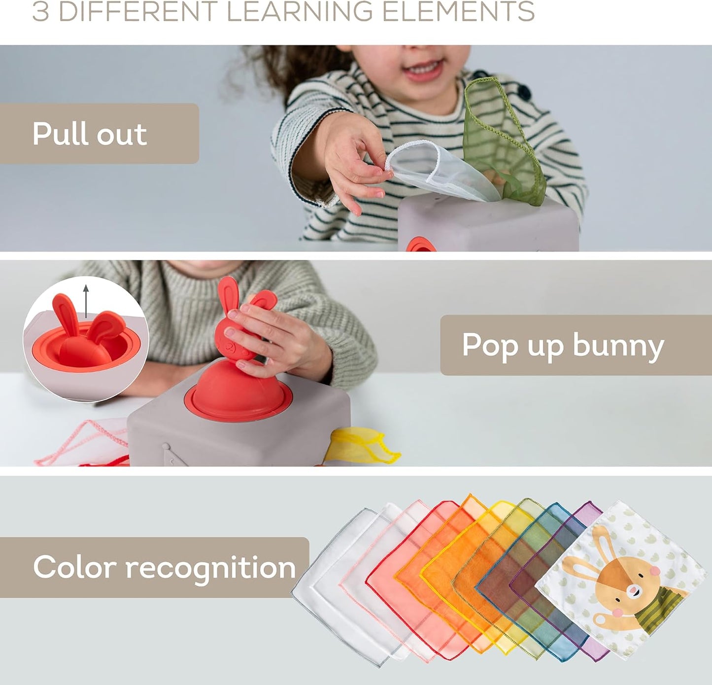 Taf Toys Baby Tissue Box Toy Silicone Baby Toys 6-12 Months Montessori Toys Sensory Activity & 10 Tissues for Fine Motor Development Soft Interactive Silicone Learning Cube for 1 Year Old Toddlers