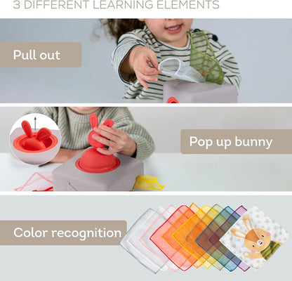 Taf Toys Baby Tissue Box Toy Silicone Baby Toys 6-12 Months Montessori Toys Sensory Activity & 10 Tissues for Fine Motor Development Soft Interactive Silicone Learning Cube for 1 Year Old Toddlers