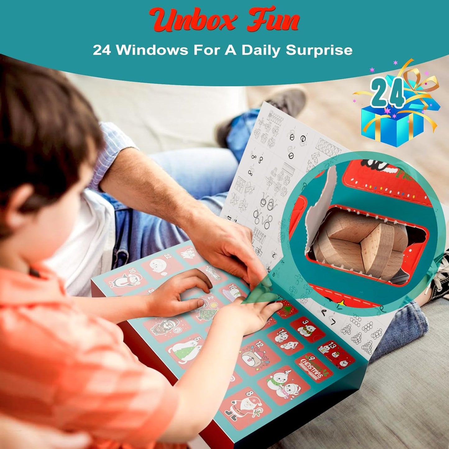 Advent Calendar 2025 Brain Teaser for Kids & Adults - 24 Days of Metal Puzzle Ring & Wooden Toy Games, Christmas Countdown with Mind IQ Logic Challenges, Unlock Interlock Gift for Boys Girls Teens