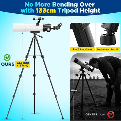 90mm Refractor Telescope for Adults & Kids 8+: 150X High Power, 500mm Focal Length, Professional Astronomical Scope with 133cm Tripod for Stargazing, Xmas Toy Gift for Beginners Boy Girls