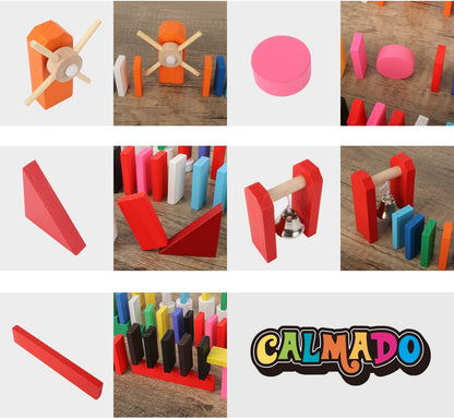Calmado – 450 PCS Wooden Dominos for Kids - Domino Toys for Outdoor or Indoor Game, Dominos for Kids Ages 4-12 Including Bag, Instruction Manual & Accessories
