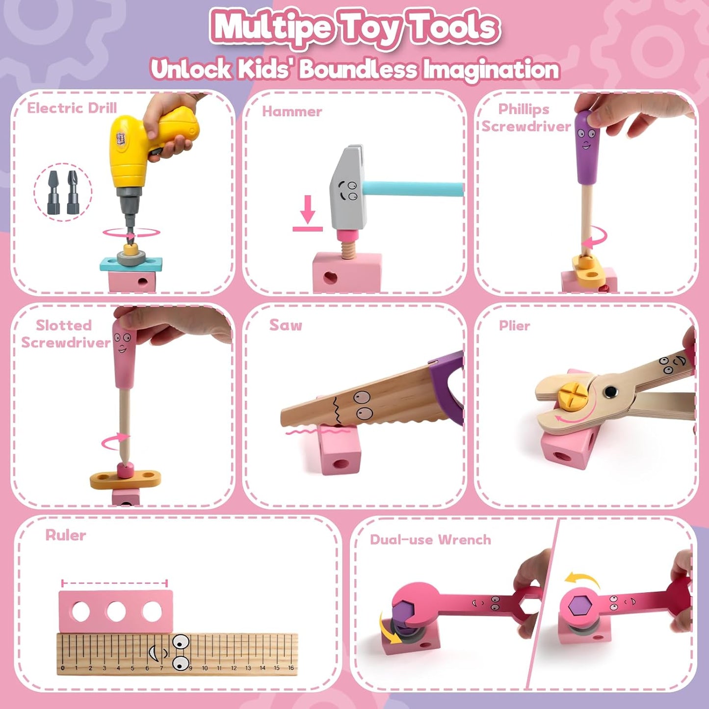 TONZE Wooden Kids Tool Set with Drill 44Pcs Montessori Toys for 3 Year Old Girl, Educational STEM Toys Toddler Tool Set with Apron & Box Birthday Gifts for 3 4 5 6 Year Old Girls（Pink ）