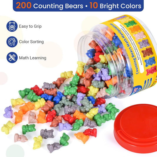 Counting Bears Math Manipulatives for Preschoolers, 10 Color Sorting Bears Games Sensory Toys for Toddlers, 200 Pcs 1 Inch Bear Counters for Kids Math Ages 3+, Fine Motor Skills Montessori Toys
