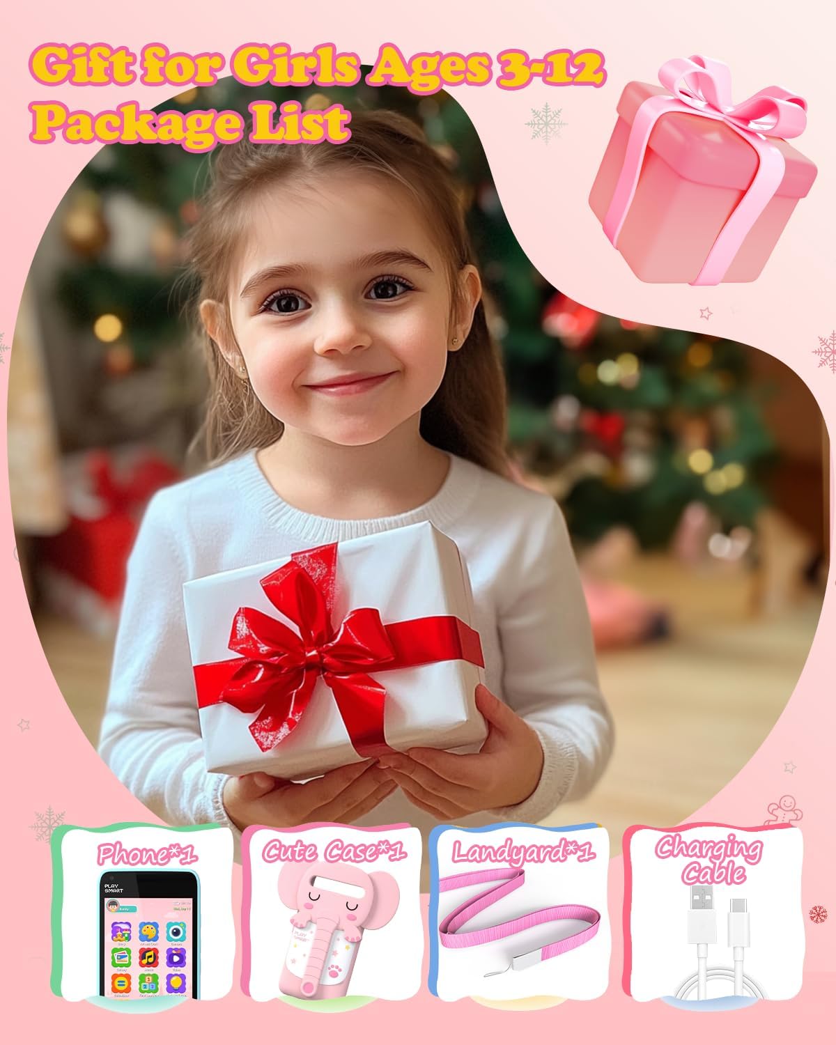 MOMILLA Kids Smart Phone Toys for Girls, 3.97” Touchscreen, Dual Cameras with Stickers, 200+ Games & 16GB Storage, Christmas Birthday Gifts for Kids Age 3-10, Educational Mini Toddler Play Phone Toy
