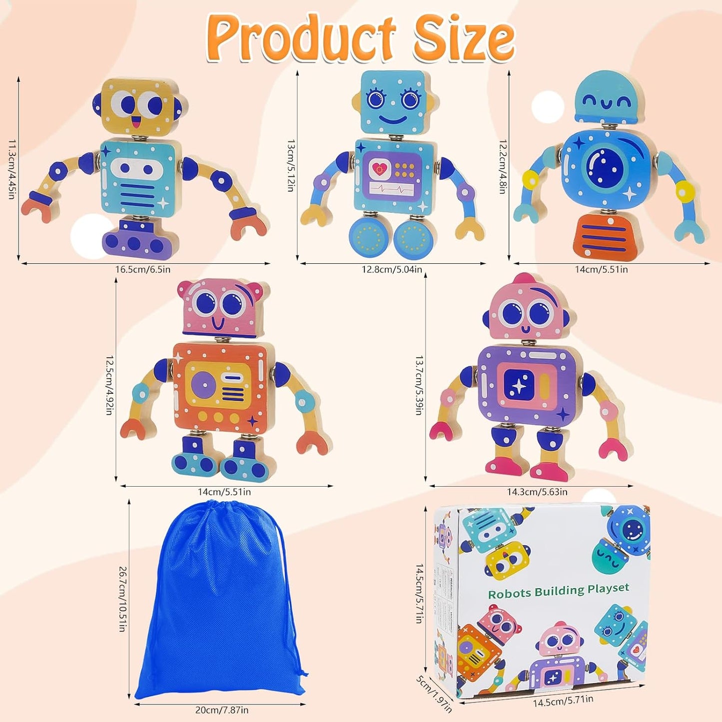 Robots Wooden Snap-Together Building Toys – 28-Piece STEM Montessori Educational Blocks for Toddlers Ages 3–6 | Fine Motor Skills Development | Safe, Durable, Creative Robot Toys Gift for Kids