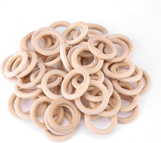 Watris Veiyi 50Pcs Natural Wood Rings, Wooden Rings for Crafts, Unfinished Wood Circles, 50mm Smooth Wooden Rings for Macrame Rings Knitting Jewelry Making