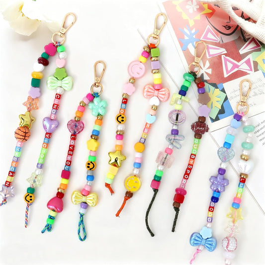 DEMIUKO DIY Bead Keychain Making Kit, 296PCS Beaded Bag Charm Making Kit with Colorful Beads Letter Alphabet Name Beads Flower Heart Jewelry Making Kit Bead Supplies Crafts Gifts