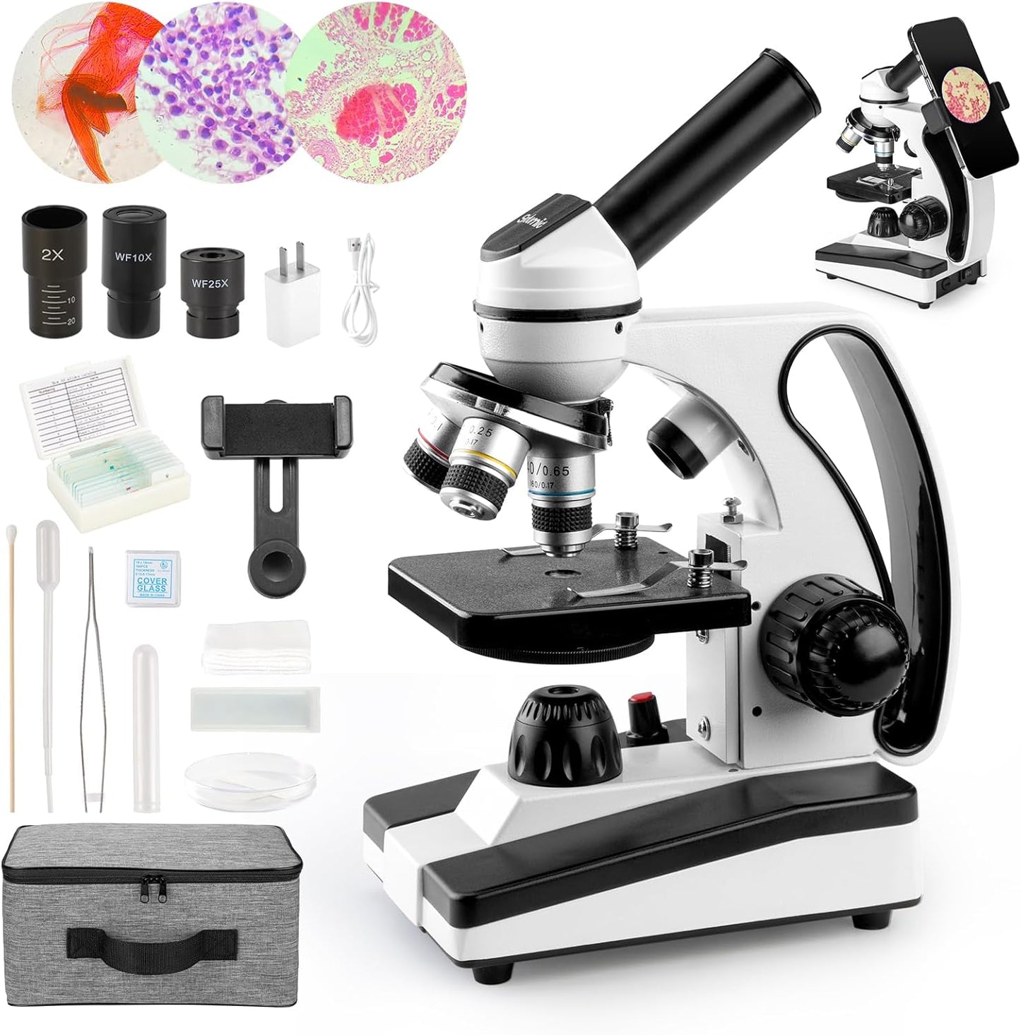 Microscope for Adults Kids 40X-2000X Compound Monocular Microscope for Students School Laboratory Home Education with Slides Set Phone Adapter