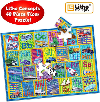 Floor Puzzle for Kids,48 Piece Transportation Letter A-Z Alphabet Puzzle,Vivid of Cartoon Design Letter Games for Preschoolers,Learn ABCs with Fun- Interactive Educational Toy for Ages 3+