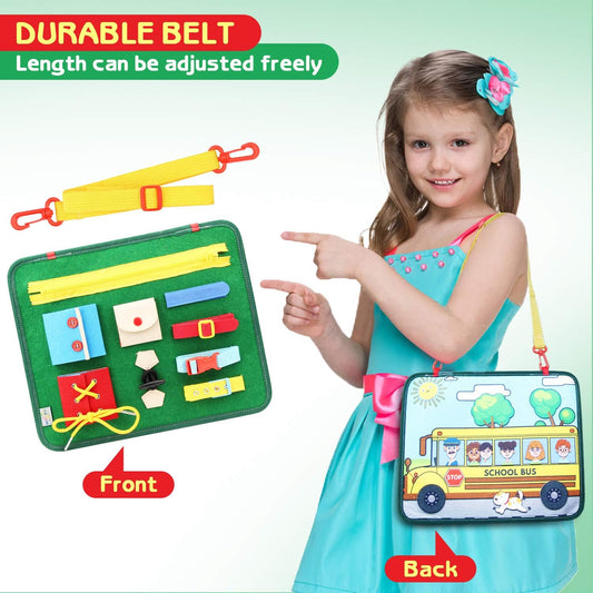 Toddler Busy Board | Colorful Activity Sensory Play Set to Stimulate Motor Skills, Learning & Fun | Educational Tool for Hand Eye Coordination & Basic Dressing Skills | School Bus Back | Travel Size