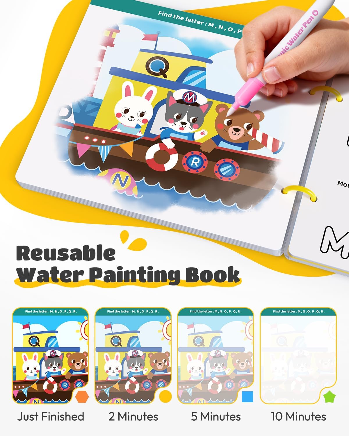JUPITEARTH Mess Free Coloring Book, Reusable Water Painting Book with 2 Refillable Water Pens 28 Pages, Travel Airplane Road Trip Activity for Toddlers