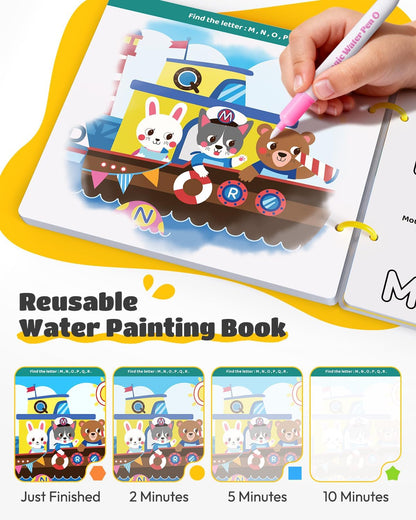 JUPITEARTH Mess Free Coloring Book, Reusable Water Painting Book with 2 Refillable Water Pens 28 Pages, Travel Airplane Road Trip Activity for Toddlers