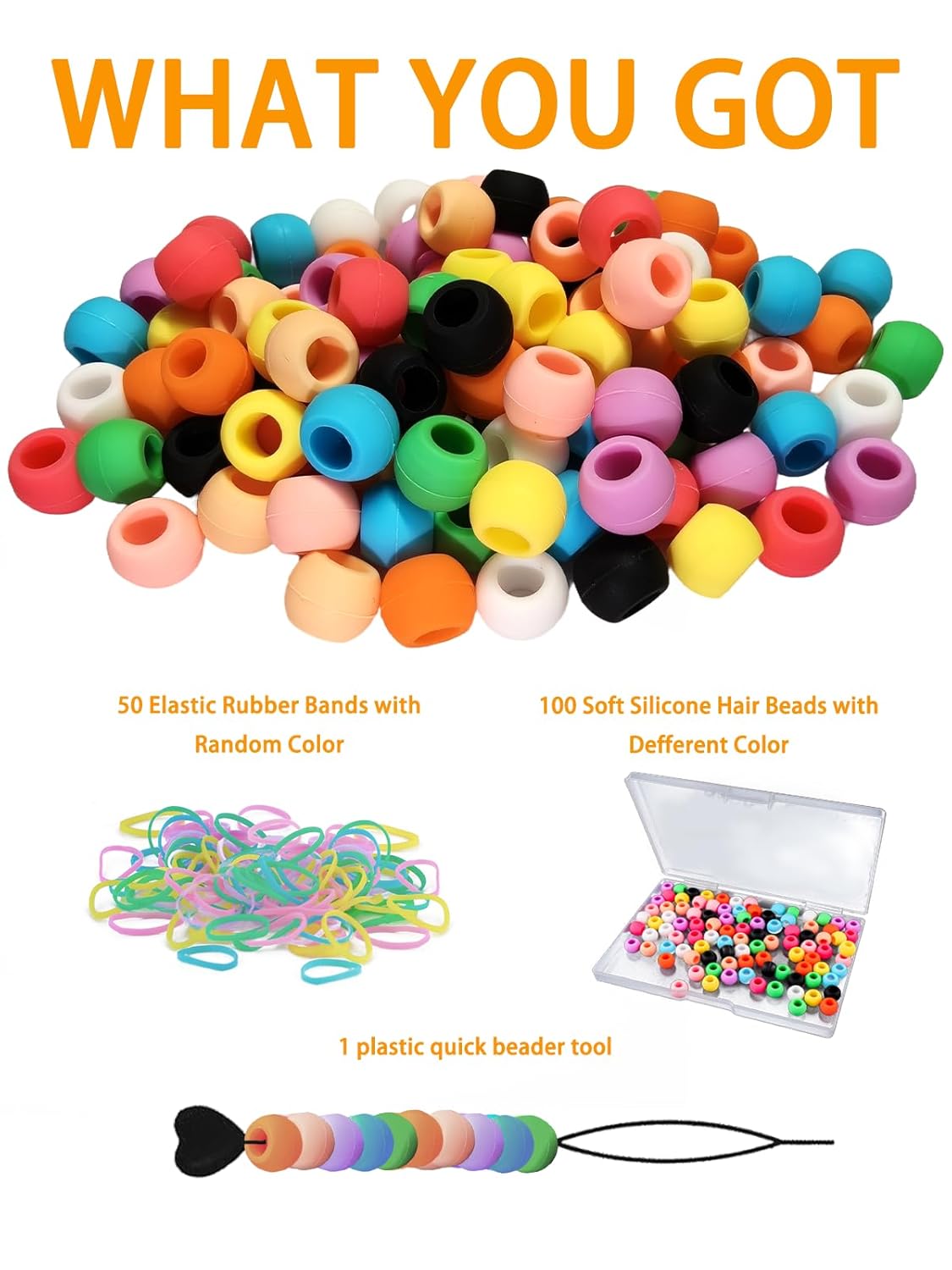 100 Small Silicone Hair Beads Glow in Dark for Kids Girls Braids, 5mm Colorful Soft Silicone Hair Beads, 1 Plastic Quick Beaders for Hair Braids, 50 Elastic Rubber Bands