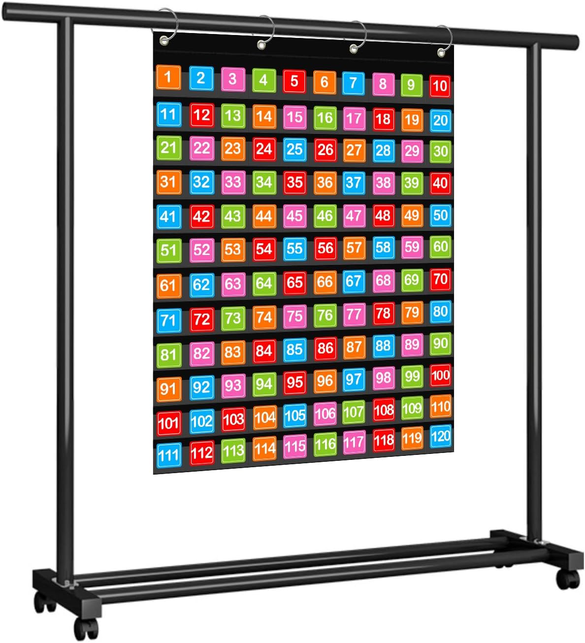 ANCOMEDO Hundred Pocket Chart with 100 Pockets and 150 Pieces Boho Double-Sided Number Cards,Number 1-100 Pocket Chart for Students Classroom Home Counting and Organizer (Black-100 Pockets)
