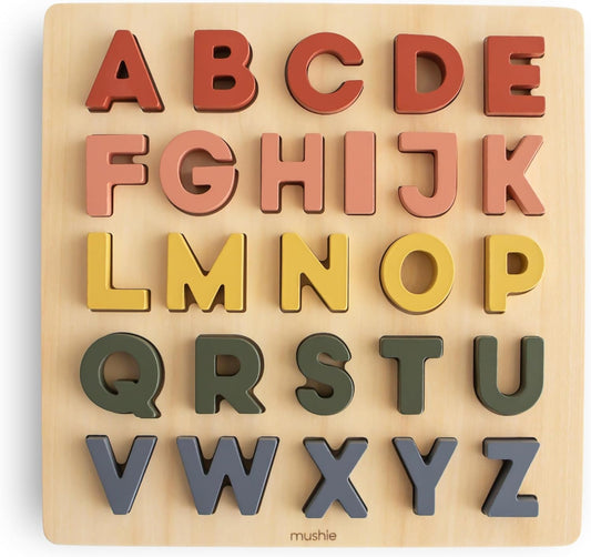 mushie Wooden Alphabet Puzzle | for Kids 3 Years+ | Preschool Educational & Toddler Montessori Toys (26 pcs)