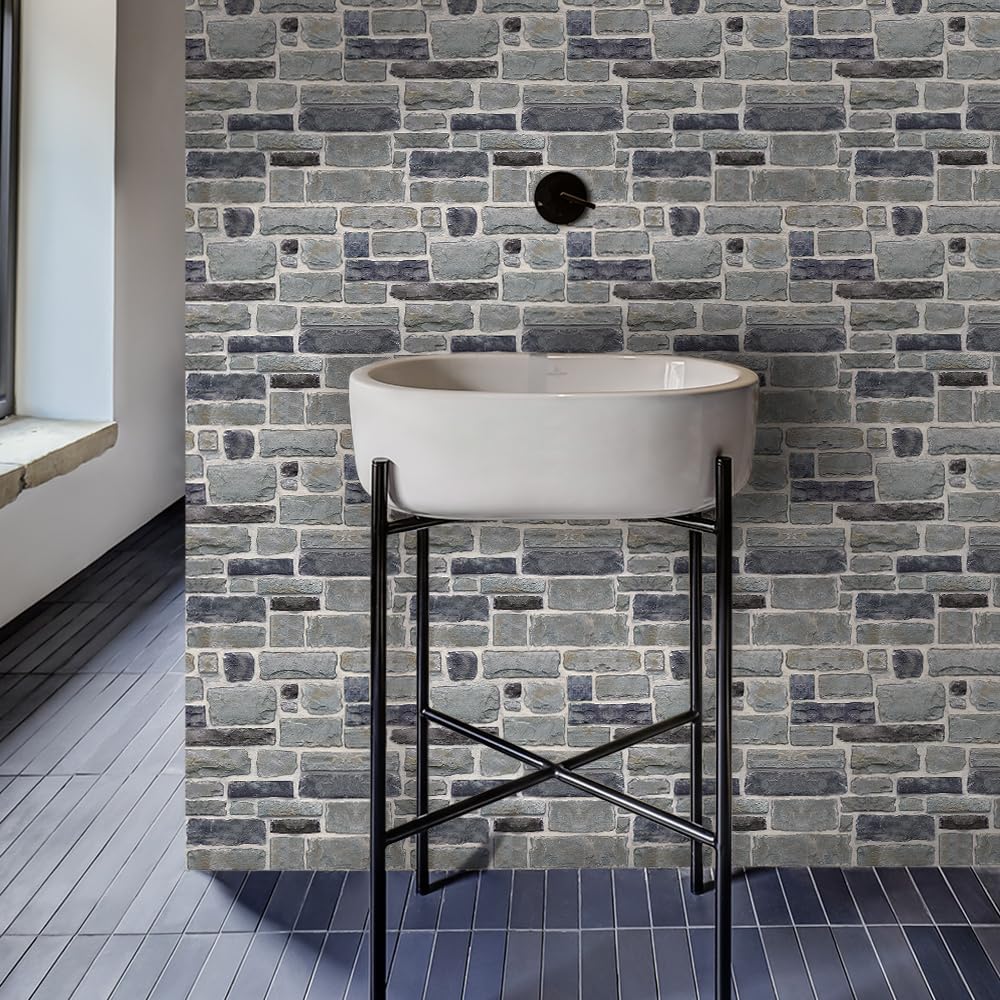 COMSTICKC 3D Faux Gray Stone Wall Sticker Peel and Stick Wall Panels,10 Pcs of 12"X12",Ultra-Light Thin PVC Decorative Tiles Rocks Stone Backsplash Interior Decor,Paintable
