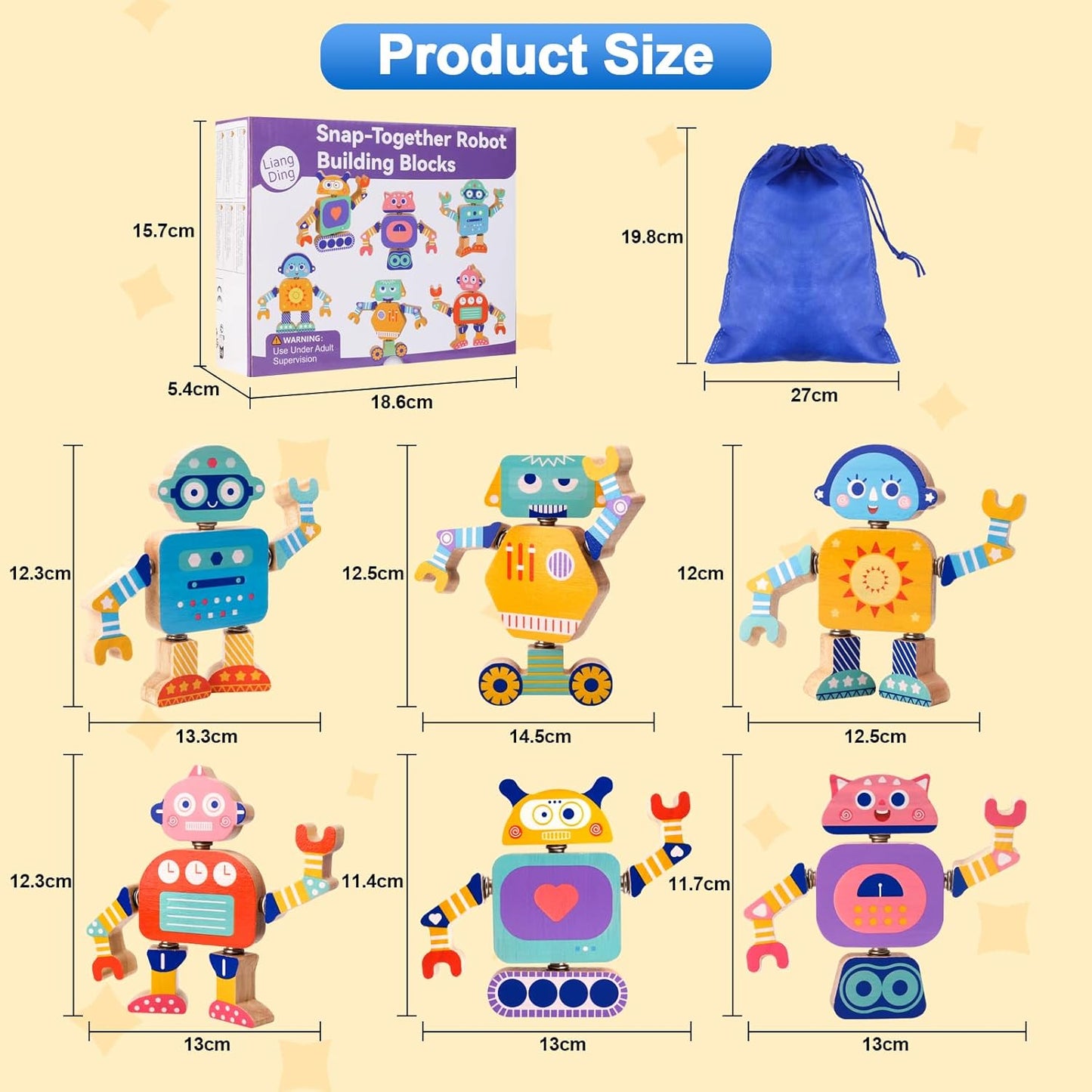 Robots Wooden Snap-Together Building Toys – 28-Piece STEM Montessori Educational Blocks for Toddlers Ages 3–6 | Fine Motor Skills Development | Safe, Durable, Creative Robot Toys Gift for Kids