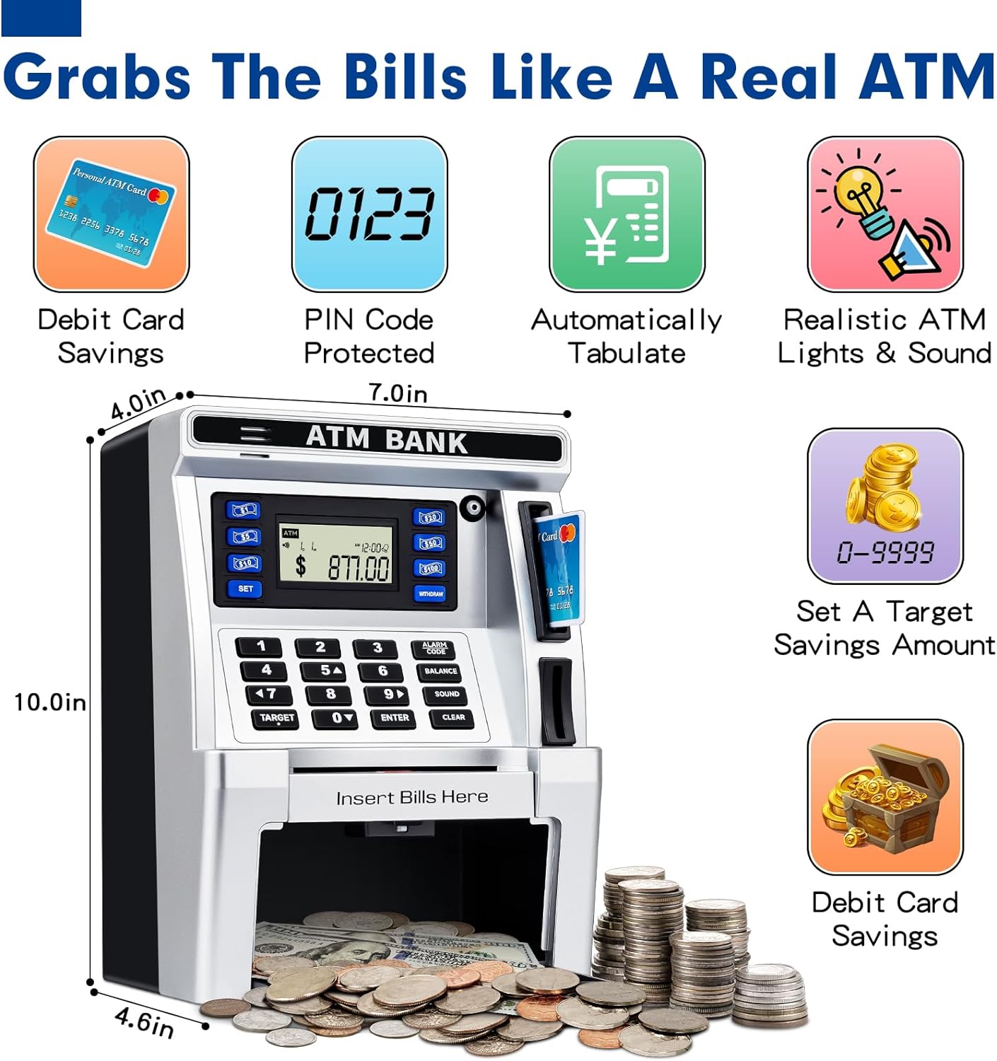 BAODLON Piggy Bank for Kids, ATM Machine Bank for Real Money with Debit Card, Bill Feeder, Coin Recognition, Balance Calculator, Electronic Savings Safe Box, Cool Stuff Toys Gifts for Teen Boys Girls
