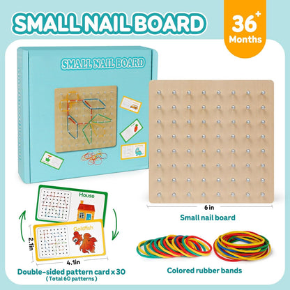 Skrtuan Wooden Geoboard with Pattern Cards & Rubber Bands, Montessori STEM Educational Toy for Kids 3-5 5-8 Years Old, Brain Teaser Puzzle Game for Geometry Learning and Creative Shapes