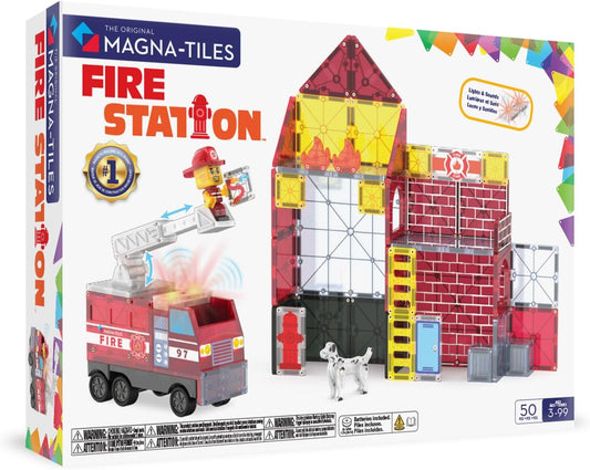 Magna-Tiles Fire Station 50-Piece Magnetic Construction Set, The Original Magnetic Building Brand