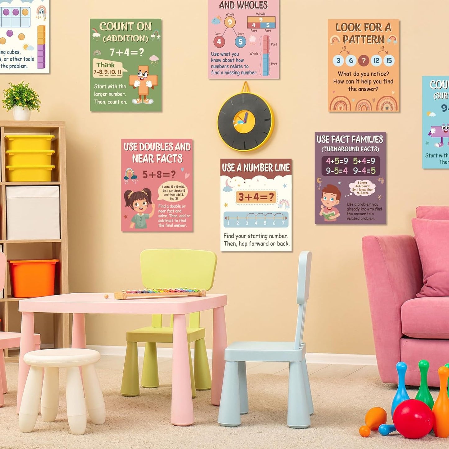 Funrous 14 Pcs Boho Mathematics Strategy Posters Educational Math Posters Counting Addition and Subtraction Math Manipulatives Bulletin Board Wall Decorations Supplies
