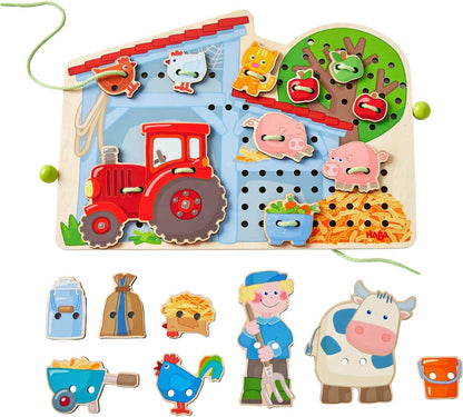 HABA Farm Threading Game with 18 Barn Yard Themed Wooden Tiles and Template Cards