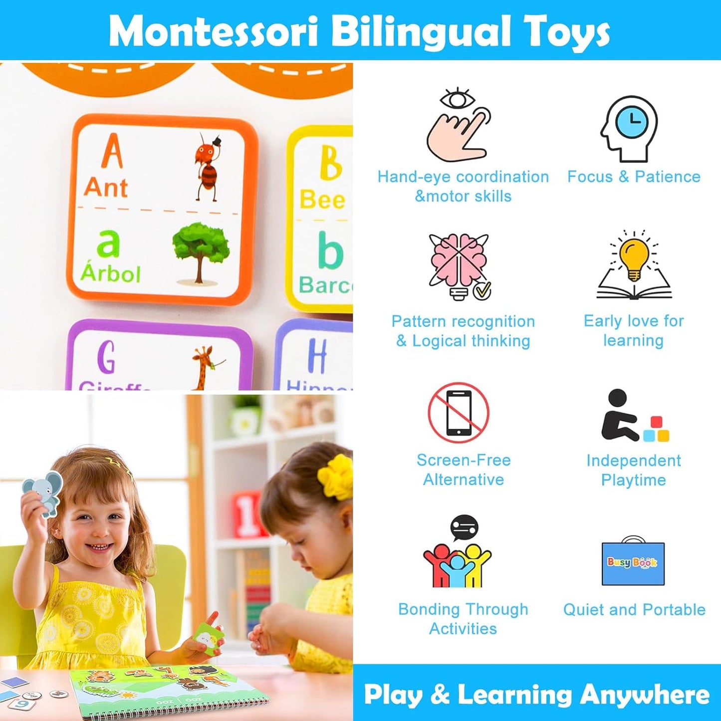 Spanish & English Bilingual Montessori Books for Toddlers 3-4-5, Pre-Assembled Reusable Sticker Activities Toy for Kids to Learn Spanish - Speech Therapy Easter Gifts for Kid - Juguetes Para Niñas