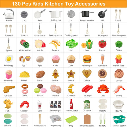 130Pcs Kitchen Playset, Toddler Pretend Cooking Play Pots, Pans, Utensils Cookware, Daily Food Fruit Veges, Shopping Storage Basket, Dessert, Prop Money, Learning Gift for Child (Pink)