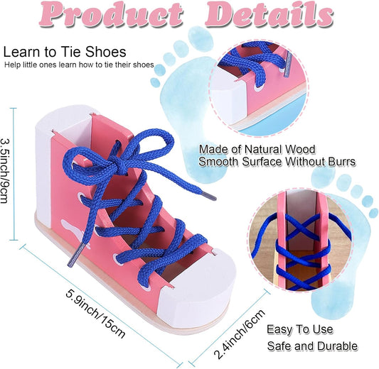 Learn to Tie Shoes - Wooden Lacing Shoe Tying Practice, Reusable Wood Shoelaces Tying/pink