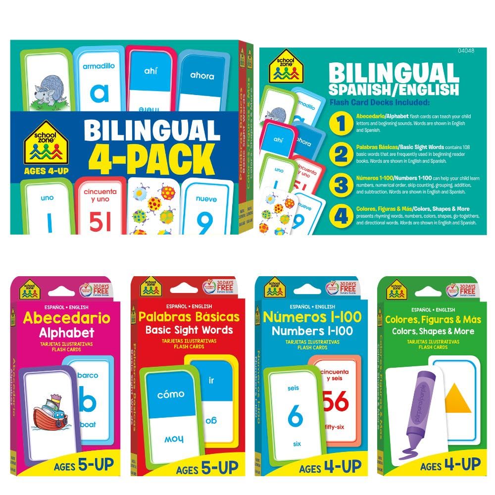School Zone Preschool Spanish Bilingual 4-Pack Flash Cards: 224 Cards, Tarjetas de Índice Bilingües Español/Inglés, Alphabet, Sight Words,: Numbers 1-100, Colors & Shapes, Language Immersion, Ages 4+ (Spanish/English Edition)