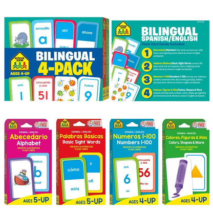 School Zone Preschool Spanish Bilingual 4-Pack Flash Cards: 224 Cards, Tarjetas de Índice Bilingües Español/Inglés, Alphabet, Sight Words,: Numbers 1-100, Colors & Shapes, Language Immersion, Ages 4+ (Spanish/English Edition)