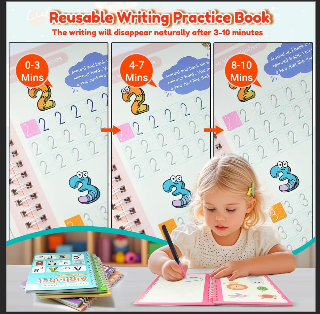 Elover Magic Grooved Writing Practice for Kids,Reusable Grooved Handwriting Workbooks Ages 3-8 for Preschool Grooved Handwriting Practice (6 Books)