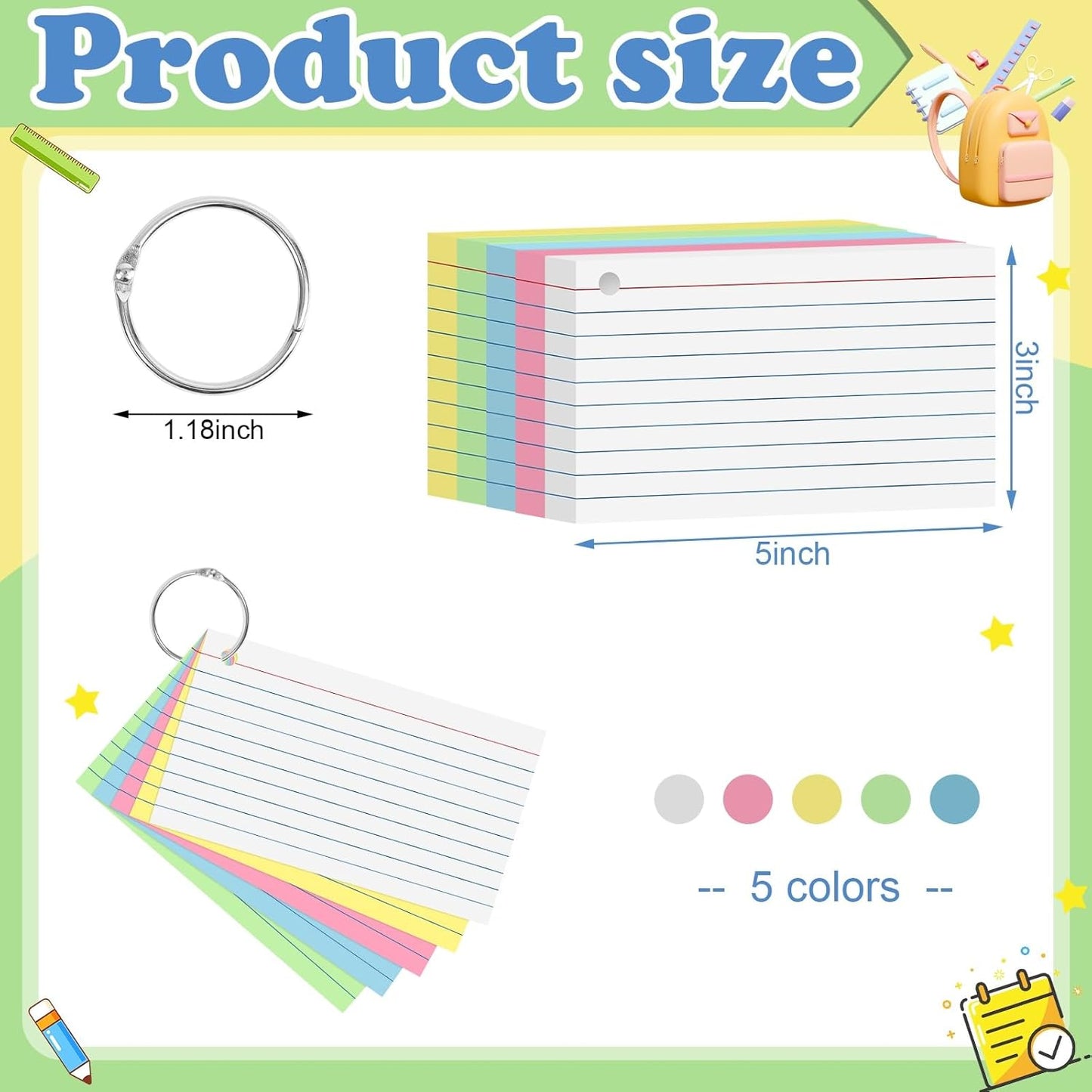 Colored Index Cards 3x5 Inch Heavyweight Flash Cards with Ring Lined Flashcards Note Cards for Studying School Supplies College, 200 Count